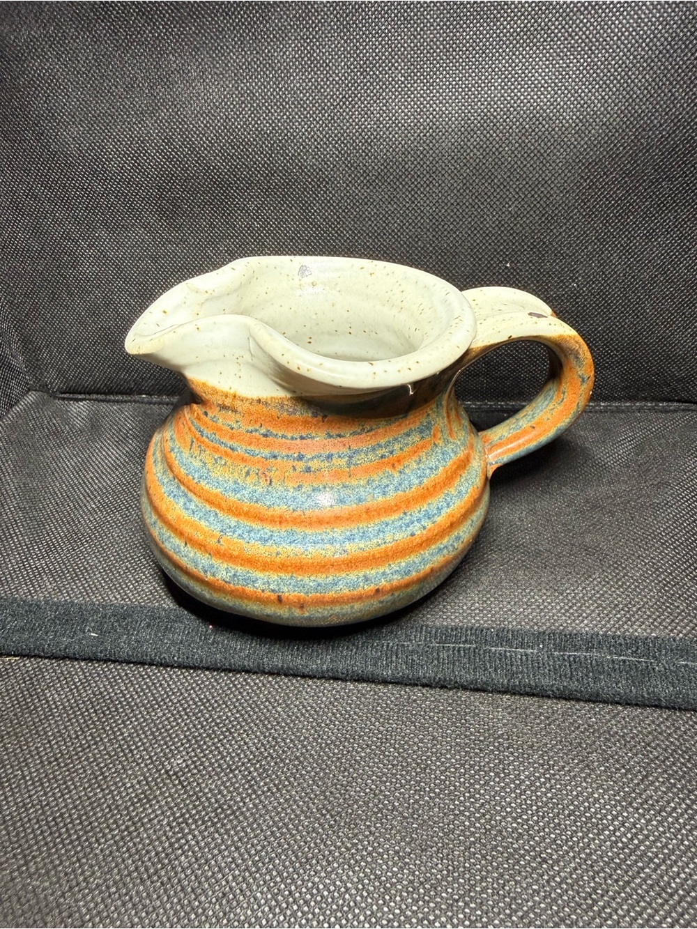 Stoneware Handmade Striped Ceramic Creamer in Cream, Orange and Blue Signed UBG
